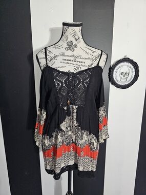 Angie Black Tunic with Red and Cream Boho Print